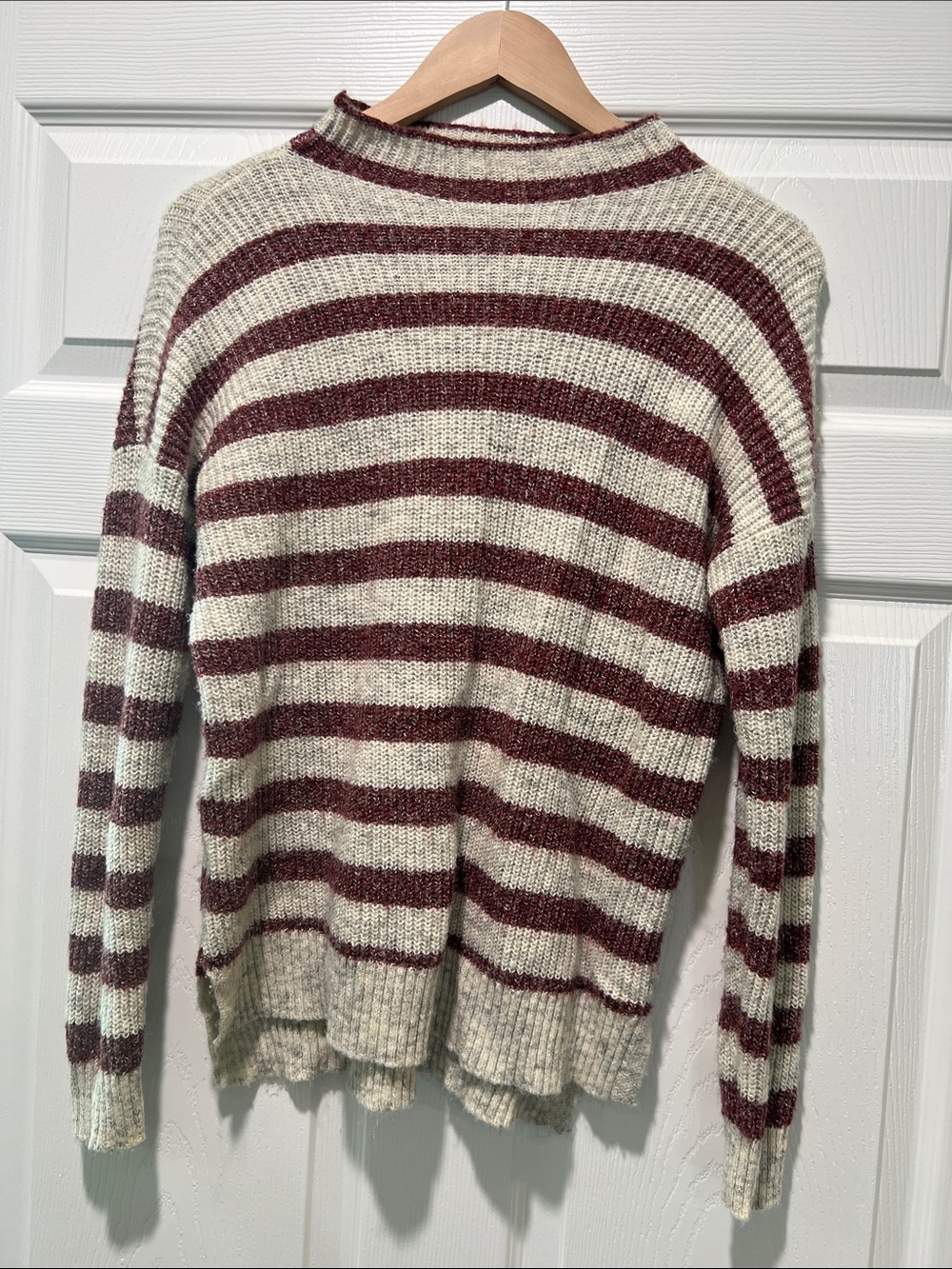 American Eagle Outfitters Striped Crewneck Sweater in Cream and Burgundy